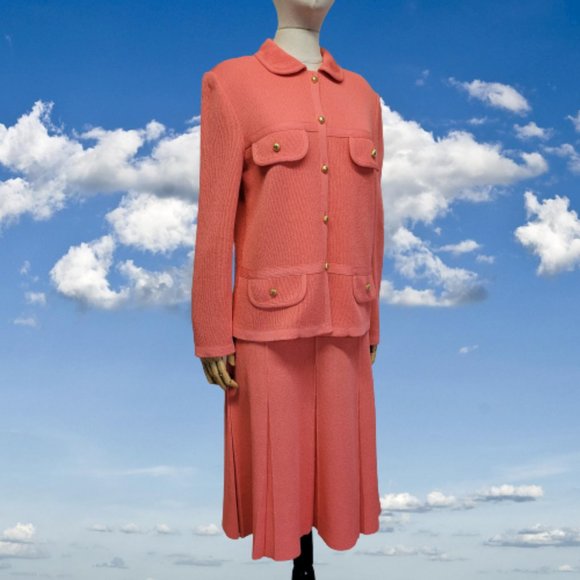 Vintage Dresses & Skirts - Castleberry Coral Knit 2 Pc Skirt Suit Womens Vtg 8 Classic Designer Style